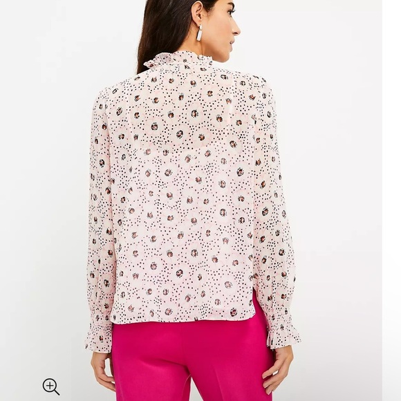 Loft Petite Pink Daisey Ruffle Tie Neck Long Sleeve Blouse Sz SP - Picture 2 of 11